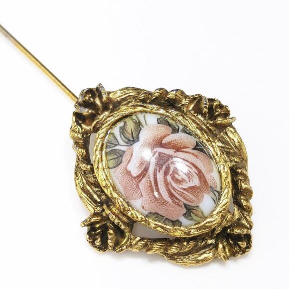 Vintage Edwardian Style Rose Ceramic Stick Pin, Antique Gold Tone, 1960s, 3 Inch - Picture 9 of 10